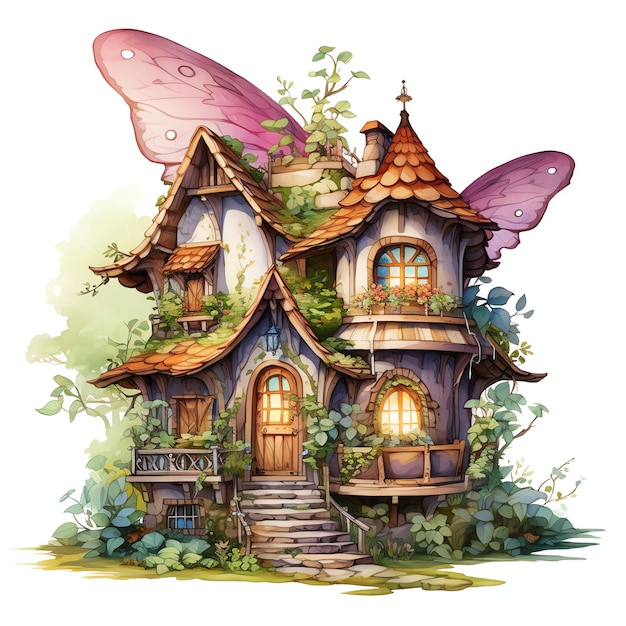 bellissima casa delle fate nella foresta acquerello fantasia favola clipart illustrazione