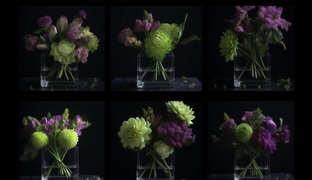 Bellissima composizione floreale in sei pezzi in viola e verde, perfetta per ogni occasione