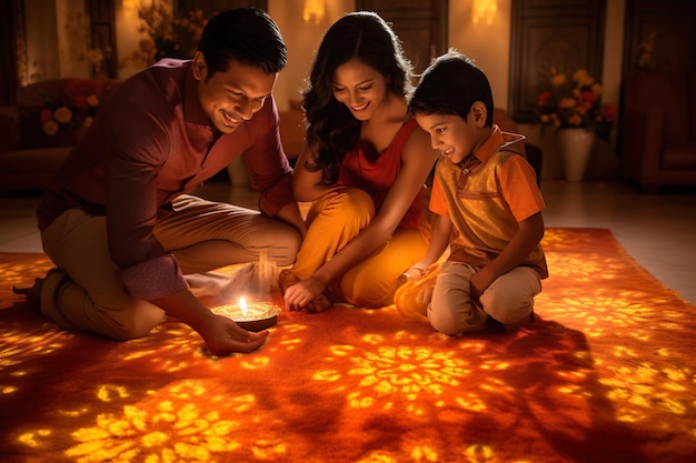 Bellissima decorazione del pavimento di Diwali con Diya e Rangoli Celebrazione di diwali con luci