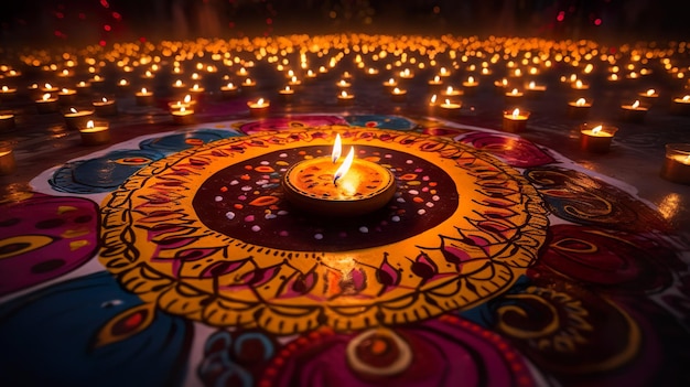 Bellissima decorazione del pavimento di Diwali con Diya e Rangoli Celebrazione di diwali con luci