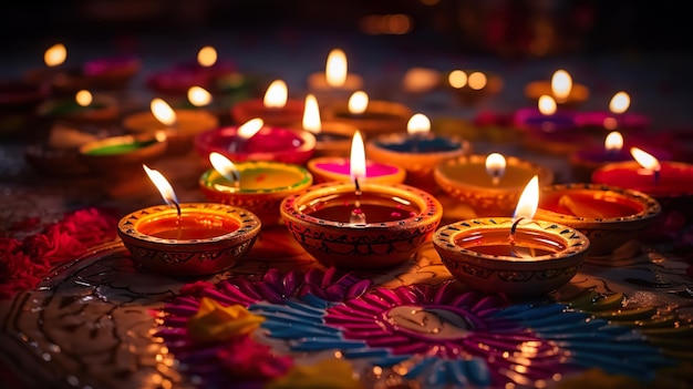 Bellissima decorazione del pavimento di Diwali con Diya e Rangoli Celebrazione di diwali con luci