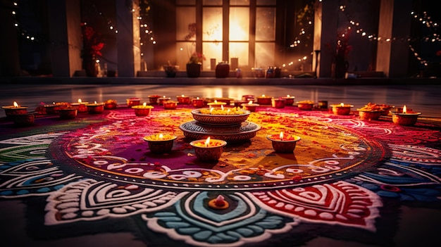 Bellissima decorazione del pavimento di Diwali con Diya e Rangoli Celebrazione di diwali con luci