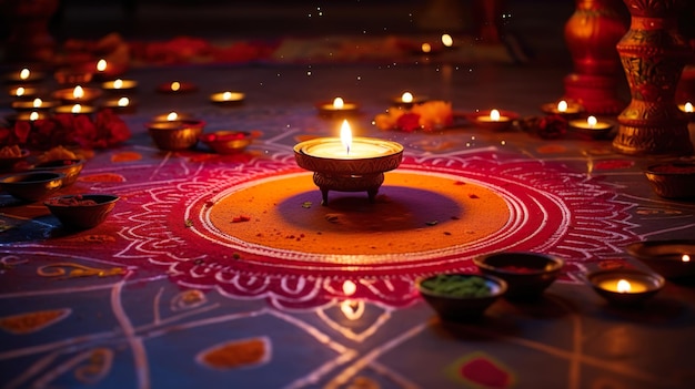 Bellissima decorazione del pavimento di Diwali con Diya e Rangoli Celebrazione di diwali con luci