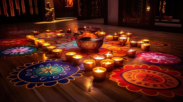 Bellissima decorazione del pavimento di Diwali con Diya e Rangoli Celebrazione di diwali con luci