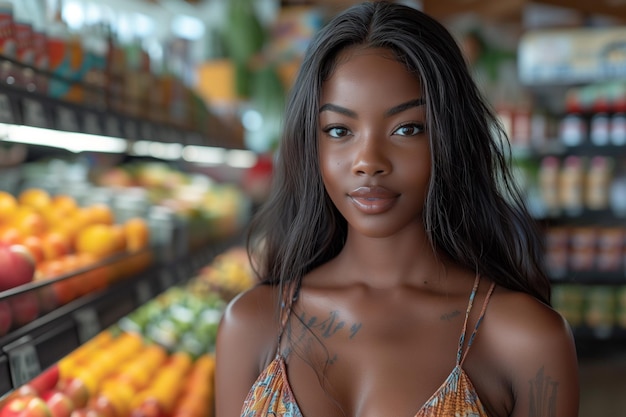 bellissima donna afroamericana con i capelli lunghi che indossa un abito in un negozio di alimentari nell'America degli anni '20