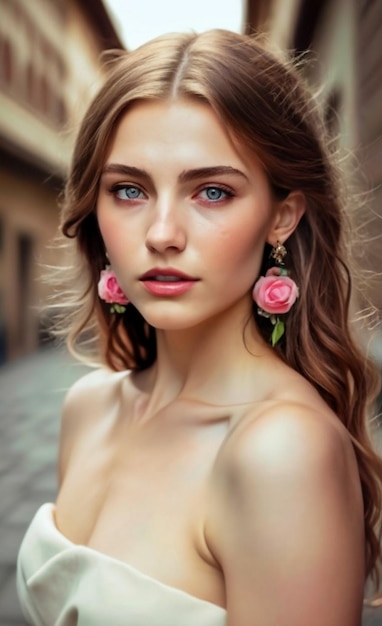 bellissima donna con fiori rosa nei capelli