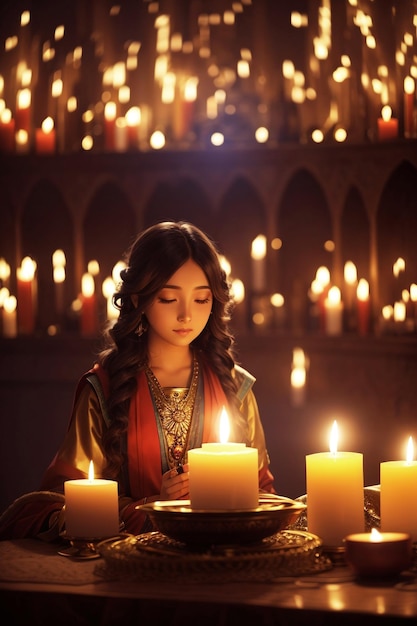 Bellissima donna inginocchiata accanto alle candele che celebra Diwali