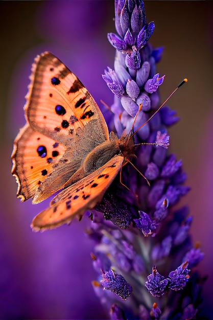 Bellissima farfalla sul filo d'erba in natura con una messa a fuoco morbida su sfondo sfocato