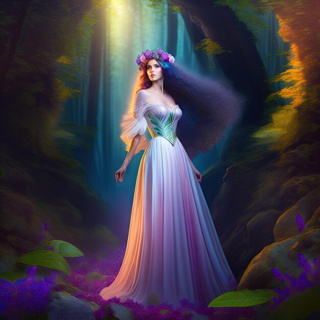 Bellissima Fata in una foresta magica fantastica Persona inesistente
