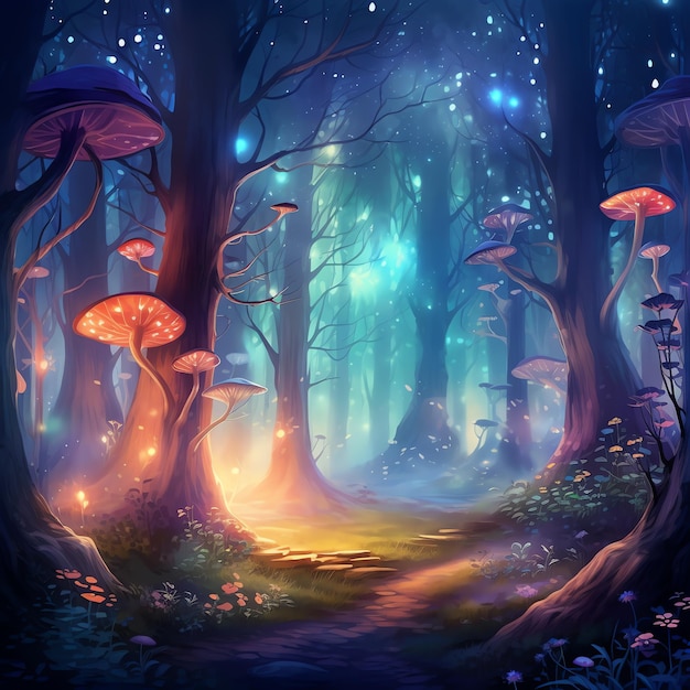 bellissima foresta magica con alberi imponenti e lucciole clipart magiche da favola