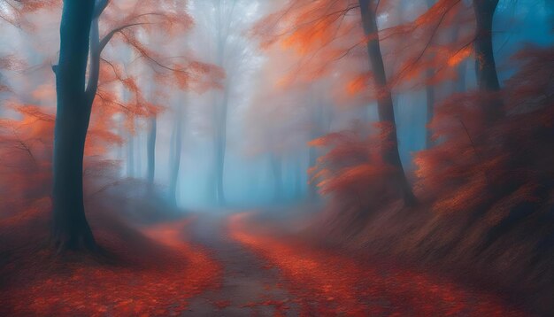 bellissima foresta mistica nella nebbia blu in autunno