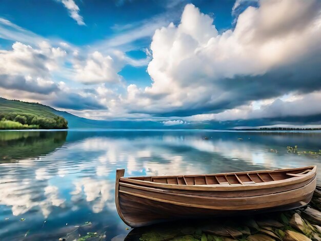 bellissima foto di un piccolo lago con una barca a remi in legno a fuoco e nuvole fantastiche nel cielo