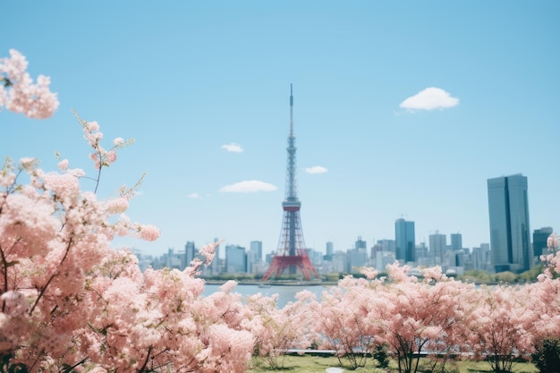 Bellissima fotografia dello skyline di Downtown Tokyo con la Tokyo Tower che spicca tra i num