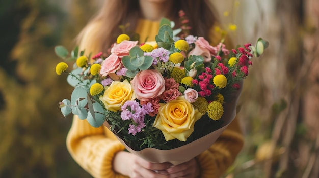 Bellissima giovane donna che tiene un grande e bellissimo bouquet di rose fresche, garofani, genista, fiori di eucalipto nei colori giallo rosa e viola, bouquet di foto ritagliate da vicino