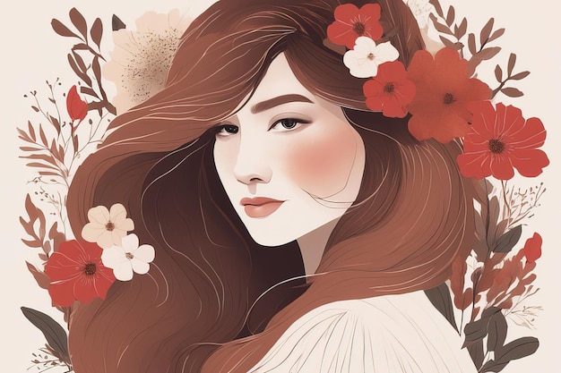 bellissima giovane donna con una corona di fiori rossi illustrazione floreale vettoriale bella giovane donna in un