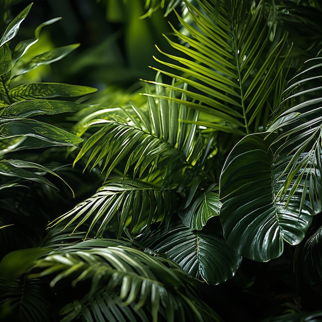 bellissima giungla verde di foglie di palma lussureggianti palme in una foresta tropicale esotica