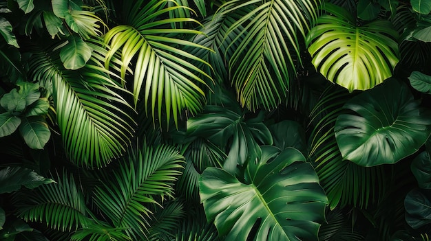 bellissima giungla verde di lussureggianti foglie di palma palme in una foresta tropicale esotica piante tropicali selvagge concetto di natura per carta da parati panoramica