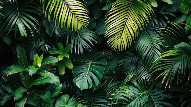 bellissima giungla verde di lussureggianti foglie di palma palme in una foresta tropicale esotica piante tropicali selvagge concetto di natura per carta da parati panoramica