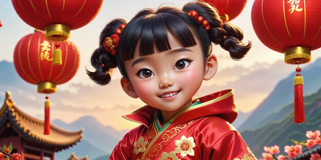 Bellissima illustrazione del Capodanno cinese con una ragazza sorridente vestita con abiti festivi nazionali con lanterne rosse del cielo e altri simboli festivi AI generativa