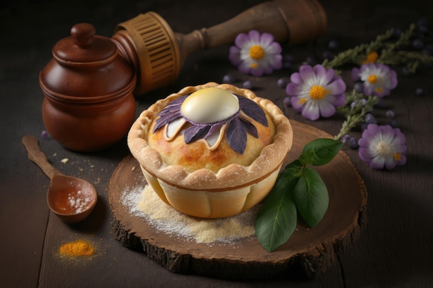 Bellissima mini torta di prugne dolce con decorazione a forma di uovo