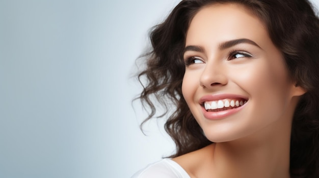 bellissima modella bruna donna sorridente con denti perfettamente puliti stock photo background dentale