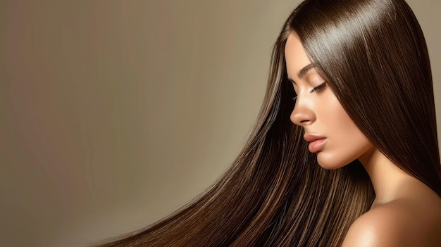 Bellissima modella con capelli lunghi castani lucenti e lisci Stiratura della cheratina Trattamenti per la cura e le procedure termali Acconciatura liscia