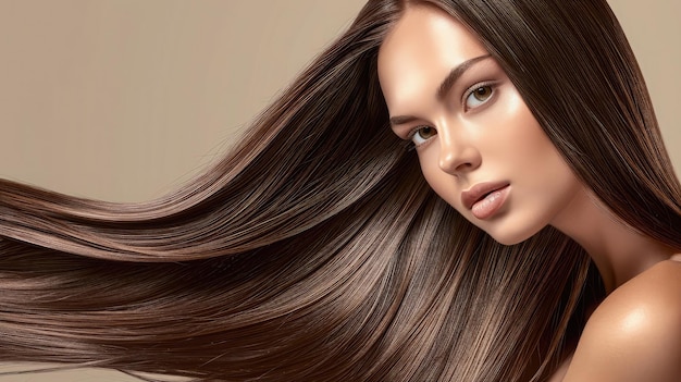 Bellissima modella con capelli lunghi castani lucenti e lisci Stiratura della cheratina Trattamenti per la cura e le procedure termali Acconciatura liscia