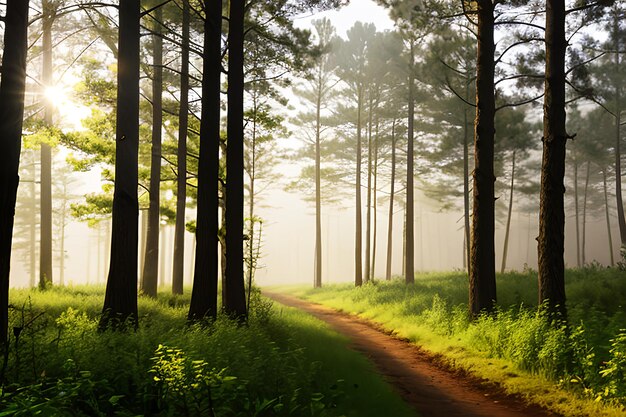 Bellissima natura al mattino nella nebbiosa foresta primaverile con il sole