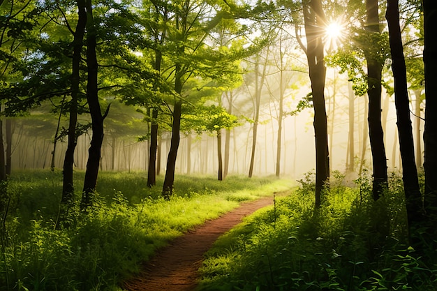 Bellissima natura al mattino nella nebbiosa foresta primaverile con il sole