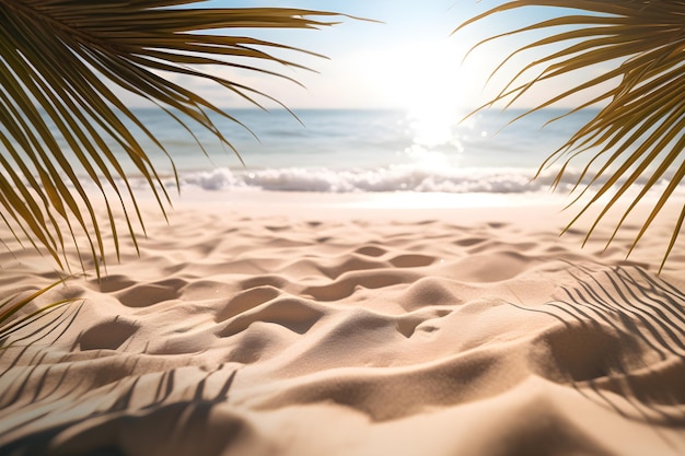 bellissima natura spiaggia e mare sullo sfondo foglie di palma al tramonto AI genera