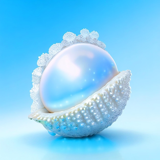 bellissima perla su un'ostrica bianca sullo sfondo blu molto chiaro piccole bolle d'aria che si alzano iperreali