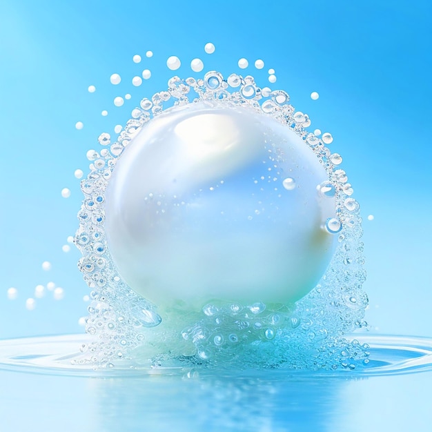bellissima perla su un'ostrica bianca sullo sfondo blu molto chiaro piccole bolle d'aria che si alzano iperreali