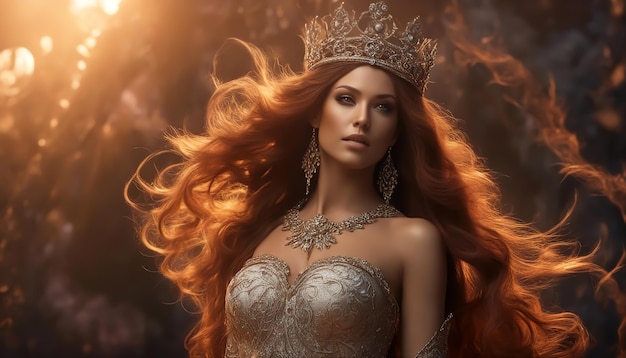 Bellissima regina Regina della fantasia con una corona d'oro Bellissimi capelli voluminosi Abiti dorati