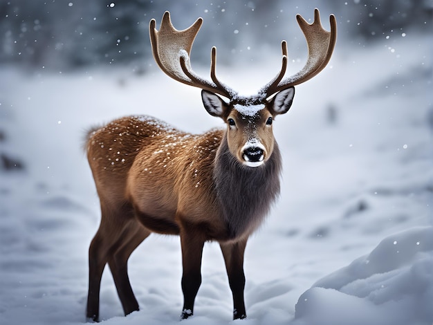 bellissima renna su uno sfondo invernale con neve in controluce