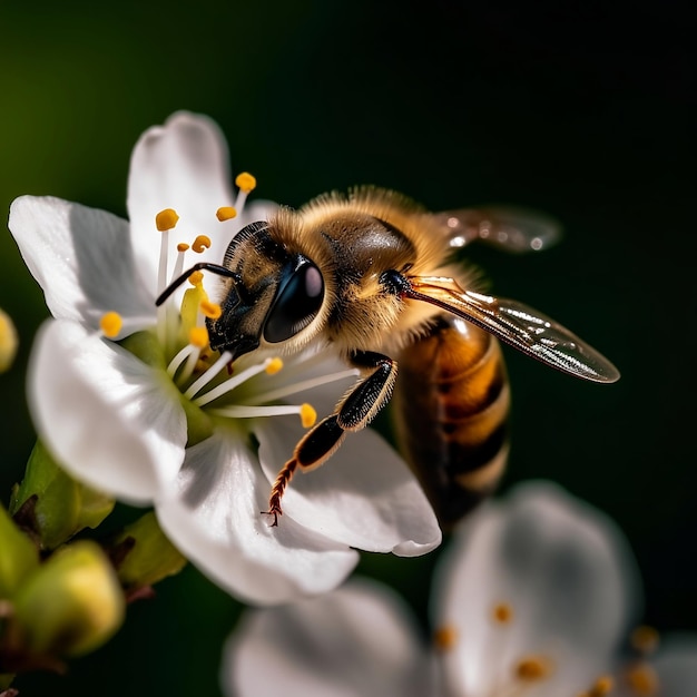 Bellissima ripresa macro di una vespa che raccoglie il nettare da un fiore generato dall'intelligenza artificiale