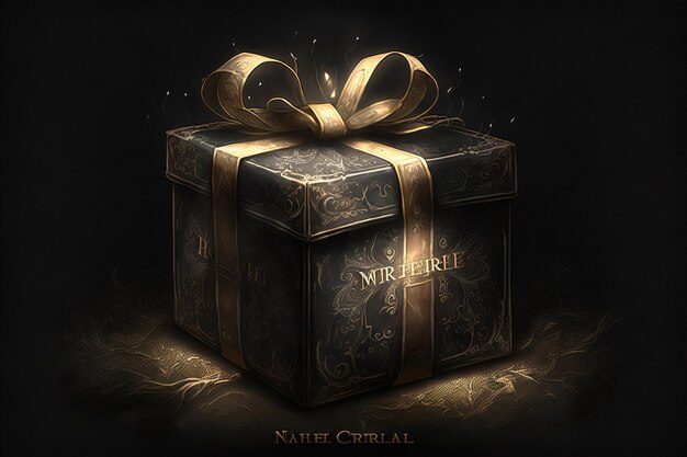 Bellissima scatola regalo scatola dono su uno sfondo nero pittura di illustrazione in stile arte digitale