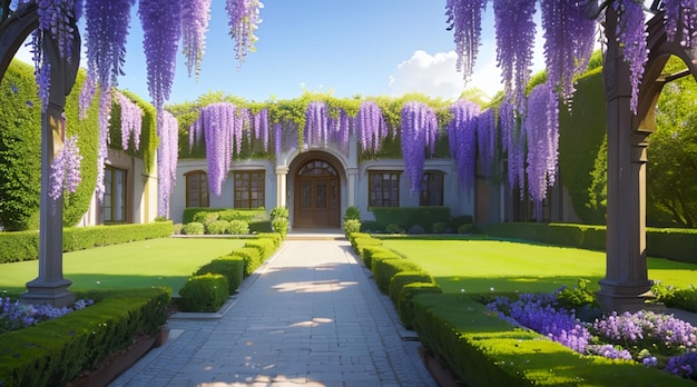 Bellissima scena del giardino di glicine per carta da parati