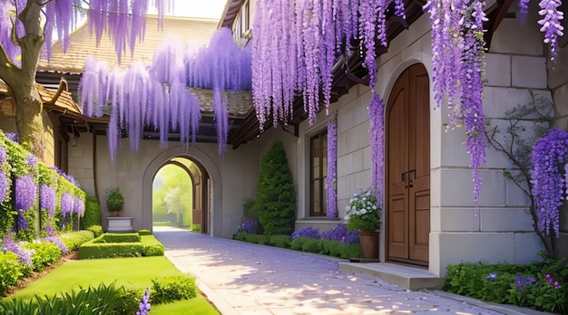 Bellissima scena del giardino di glicine per carta da parati