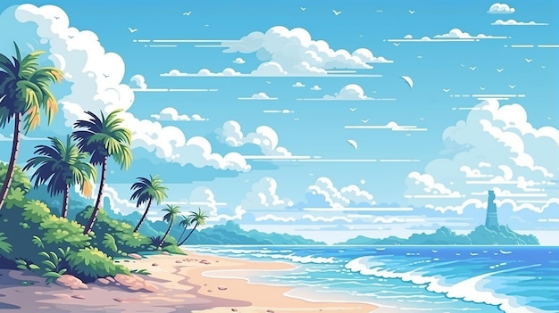 bellissima scena di paesaggio pixel art con spiaggia estiva sull'oceano