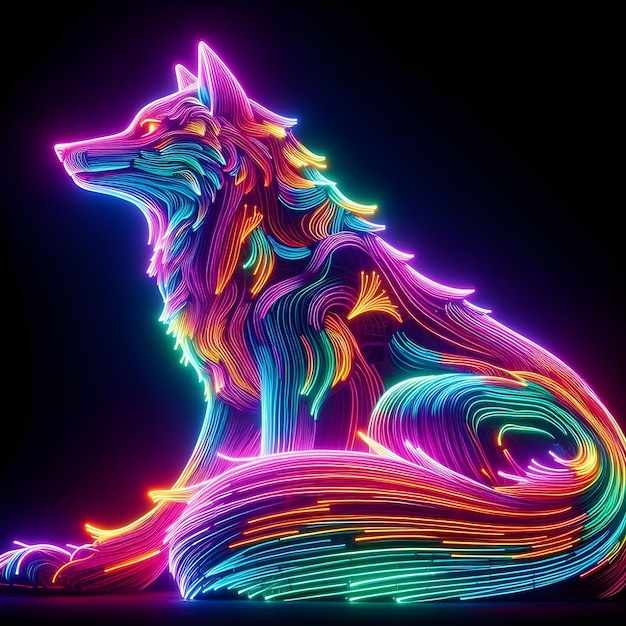 bellissima silhouette colorata di lupo fatta di milioni di corde di neon ultra luminose
