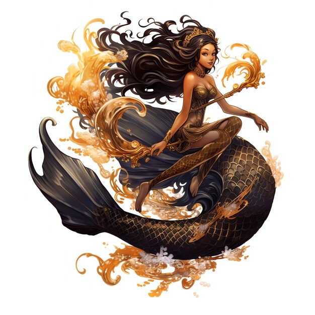 bellissima sirena che cavalca sul dorso di un pesce gigante Clipart ad acquerello gotico nero