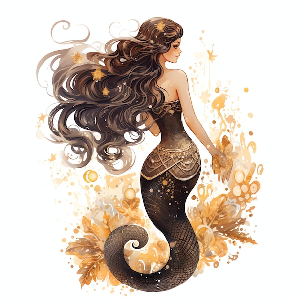 bellissima sirena con una coda che brilla come il mare Clipart ad acquerello gotico nero