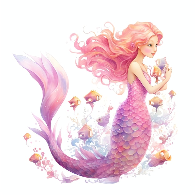 bellissima sirena rosa che gioca con l'acquerello di pesci colorati sotto il mare clipart