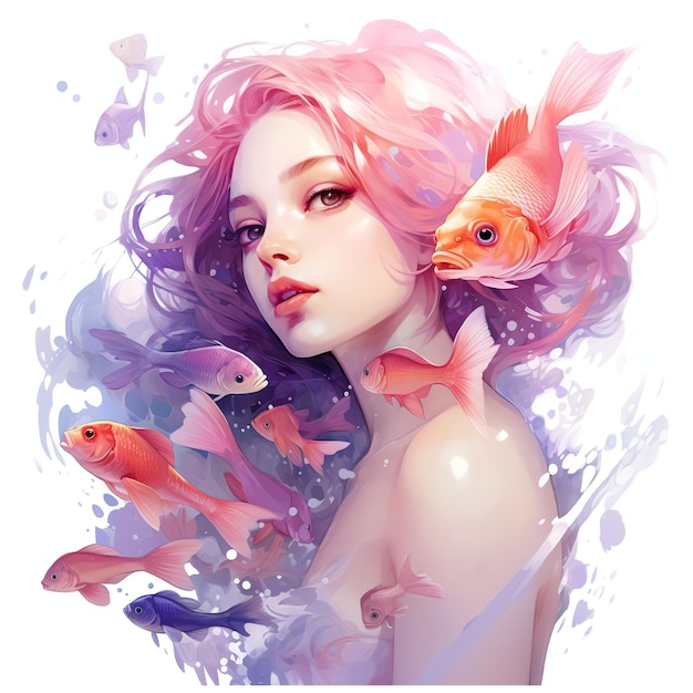 bellissima sirena rosa che gioca con l'acquerello di pesci colorati sotto il mare clipart