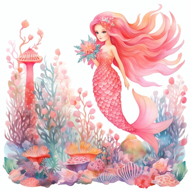 bellissima sirena rosa con un acquerello sullo sfondo di un giardino di corallo sotto il mare clipart