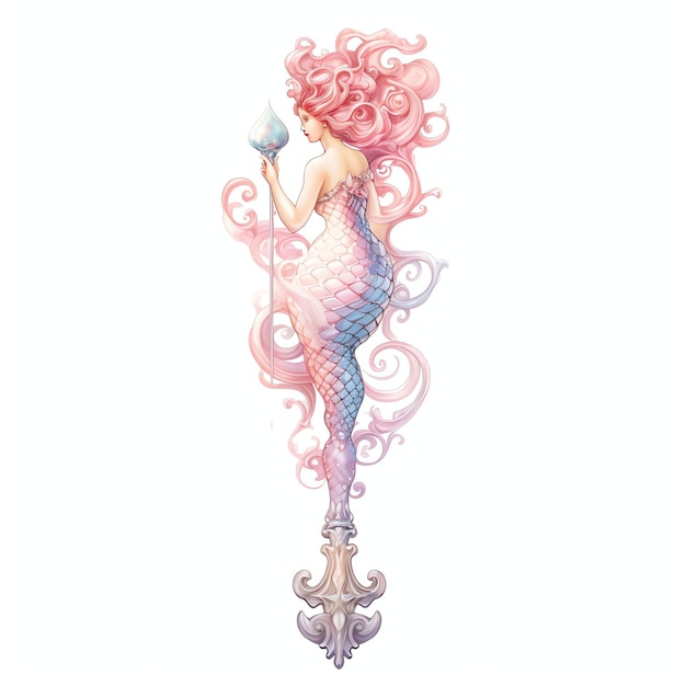 bellissima sirena rosa con un bastone di perle e un tridente acquerello sotto il mare clipart