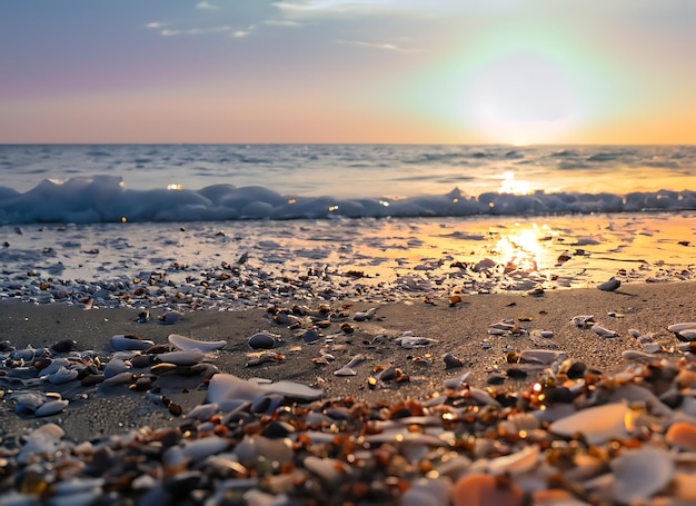 Bellissima spiaggia al tramonto piena di sabbia di ciottoli di vetro e conchiglie sullo sfondo della costa