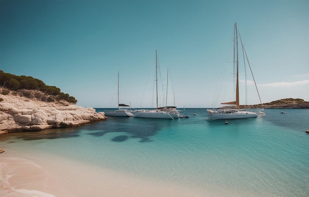 Bellissima spiaggia con barca a vela Yacht Estate e concetto di viaggio