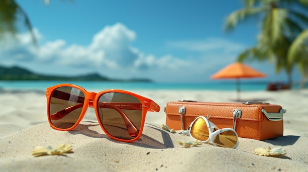 Bellissima spiaggia con occhiali e cappello sulla spiaggia