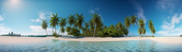 Bellissima spiaggia con palme e mare turchese Arte Vacanze estive oceano con isola sullo sfondo IA generativa